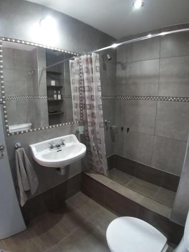 a bathroom with a sink and a shower and a toilet at El Estudio in Villa Marini