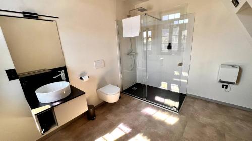 a bathroom with a shower and a toilet and a sink at Casa Española in Ath
