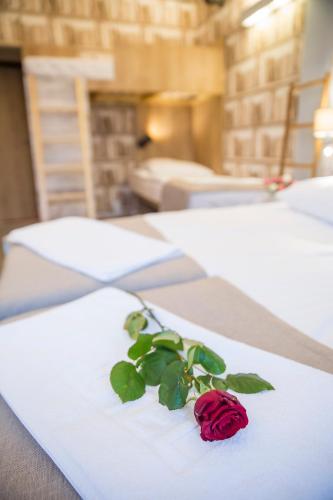 a rose sitting on top of a white table at Willa Sudety in Kudowa-Zdrój