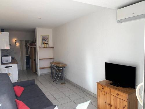 un salon avec un canapé et une télévision à écran plat dans l'établissement Résidence Port Nature Colline 4 - Studio 2 pers. - Port Nature Colline 4 MAE-6204, au Cap d'Agde