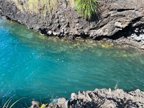 a pool of blue water next to a rocky shore at Studio Tibiscus - Riviere Salée in Médecin