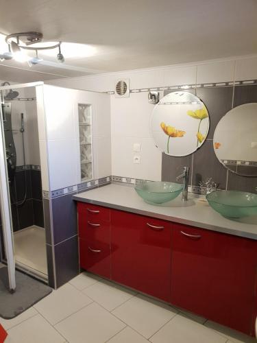 une salle de bain avec deux lavabos et une douche dans l'établissement Le Récantou - Appartement Villelongue d 'Aude, à Villelongue-dʼAude