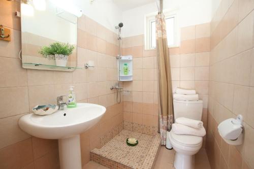 a bathroom with a sink and a toilet at Villa Antonia- Acharavi beach in Acharavi