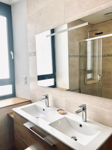 une salle de bain avec un lavabo et un miroir dans l'établissement Le balcon du boulevard bellevue, à Saint-Claude