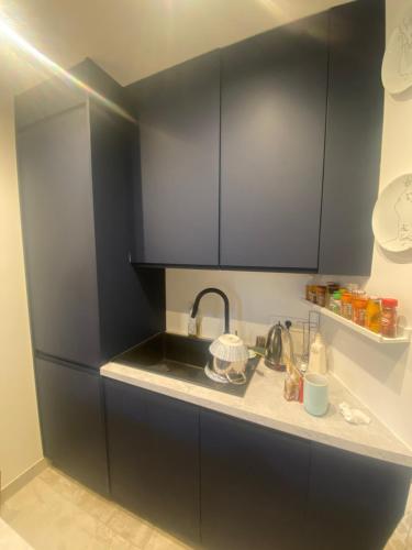 - une cuisine avec des placards noirs et un évier dans l'établissement 2 pièces lumineux à deux pas de la Tour Eiffel, à Paris
