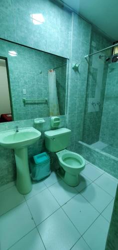 a bathroom with a toilet and a sink and a shower at Hospedaje El Paraiso in Santa Eulalia