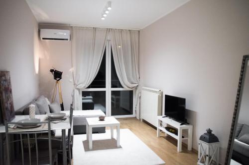 贝尔格莱德Sorelle的客厅里有一张沙发和一张桌子。