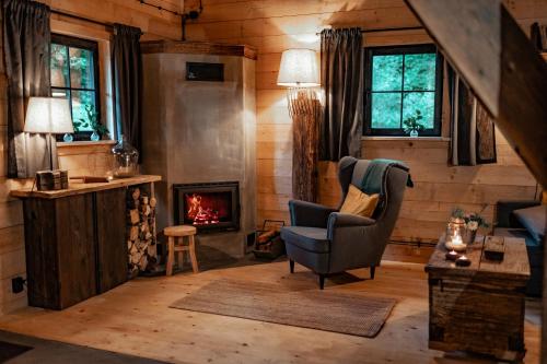 a living room with a chair and a fireplace at BESKID NISKI Dębowy Przysiółek pod Cieklinką - Siedlisko na wyłączność DWA DOMKI in Cieklin