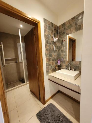 a bathroom with a sink and a shower at Cabaña Ty Bryn in Trevelín