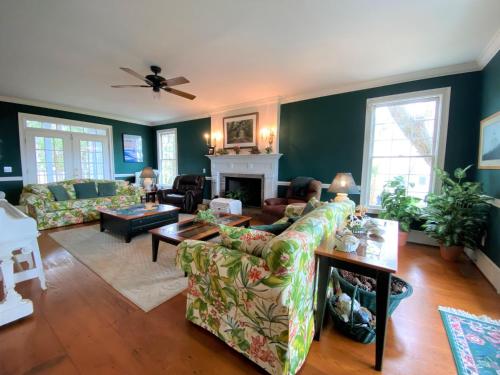 a living room with a couch and a fireplace at Marsa's Place in Edisto Island