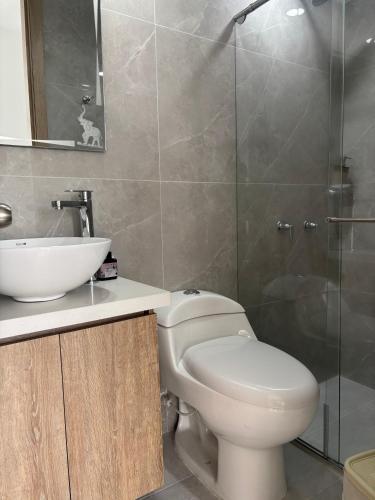 a bathroom with a toilet and a sink and a shower at Apartamento Turistico Monte Azul in Armenia