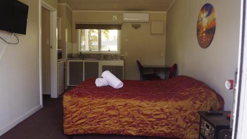 a hotel room with a bed with two pillows on it at Apple Motor Inn in Hastings