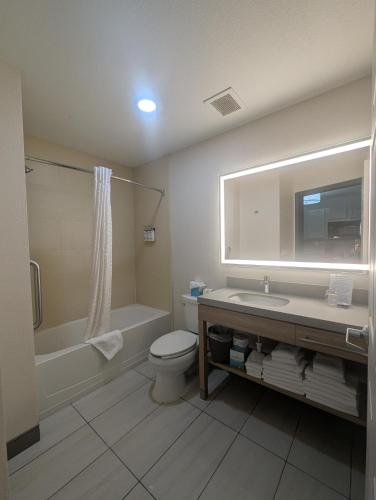 a bathroom with a toilet and a sink and a shower at Candlewood Suites Loveland by IHG in Loveland