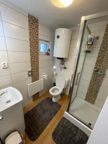 a bathroom with a toilet a sink and a shower at BUBOVA Chata in Stará Lesná