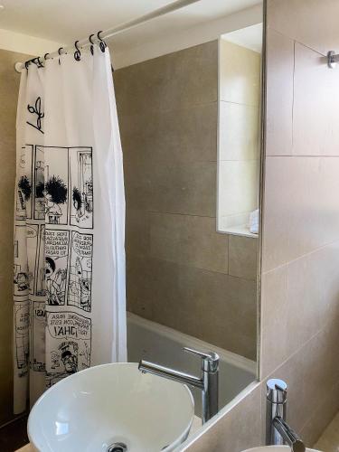 a bathroom with a sink and a shower curtain at Bahia Mágica - 1 dormitorio in Ushuaia