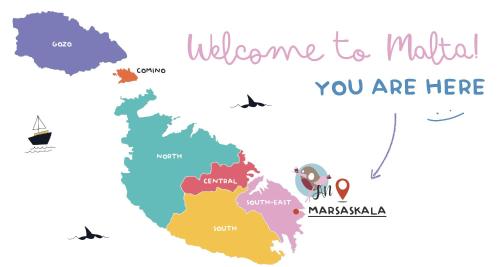 a vector illustration of a map of malta with the inscription welcome to malta at Artists' Nest in Marsaskala