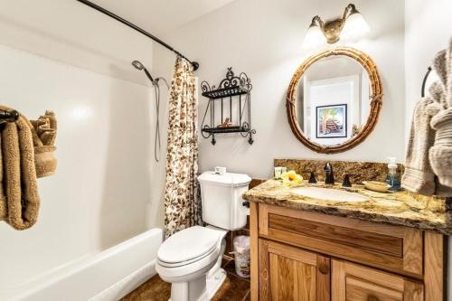a bathroom with a toilet and a sink and a mirror at Charming 2 Bedroom Condo, Walk to Historic Kailua Village Hotspots with King Bed, AC in Kailua-Kona