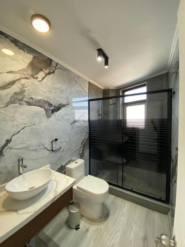 a bathroom with a sink and a toilet and a shower at Pingel Home Vista Mar in Valparaíso