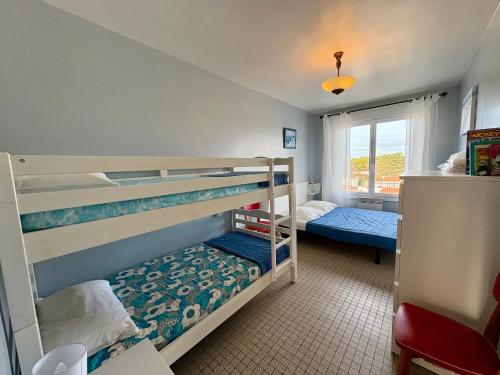 une chambre avec deux lits superposés et une fenêtre dans l'établissement Appartement lumineux à 50m de la plage avec balcon - 5 personnes, Saint-Jean-de-Monts - FR-1-323-298, à Saint-Jean-de-Monts