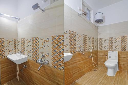 two pictures of a bathroom with a toilet and a sink at Super Townhouse Che Sigma in Hyderabad