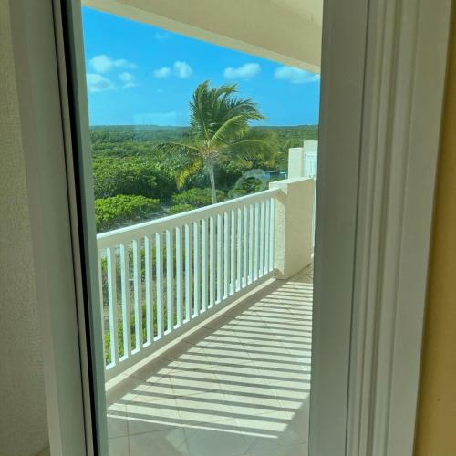 a balcony with a view of a palm tree at Seas the Day TCI -Sonos, Covered Balcony, hot tub in Wheeland Settlement
