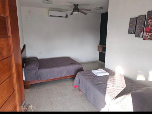 a bedroom with two beds and a ceiling fan at Luz de Luna Mahahual in Mahahual