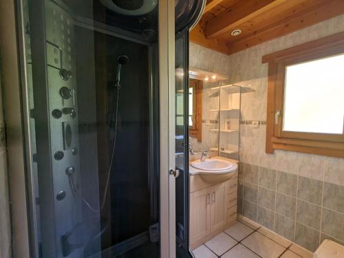 une salle de bain avec douche et lavabo dans l'établissement Chalet spacieux à La Bresse, idéal pour familles et amis - FR-1-589-679, à La Bresse