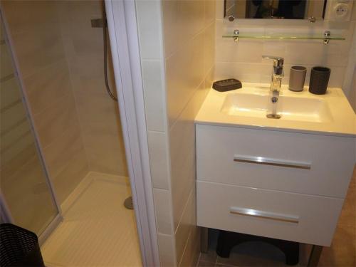 une salle de bain avec un lavabo et une douche dans l'établissement Bel appartement 2 pièces avec climatisation à Port Camargue, pour 4 personnes - FR-1-731-129, au Grau-du-Roi