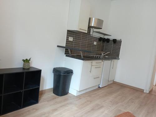 - une cuisine avec un comptoir et une poubelle dans l'établissement Appartement 2 pièces rénové, à Nantes