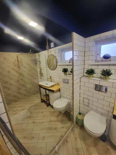 a bathroom with two toilets and a shower at Marina Kociewska in Ocypel