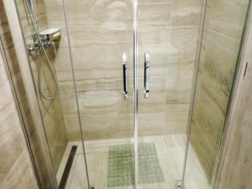 a shower with a glass door in a bathroom at Holiday Home Maslenica with Pool near Beach in Maslenica