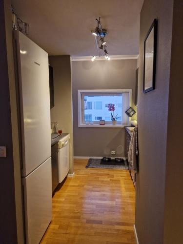 a kitchen with a white refrigerator and a window at Leilighet i nærheten av Telegrafbukta in Tromsø