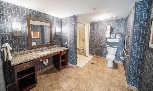 a bathroom with a toilet and a sink and a mirror at Homewood Suites by Hilton Rochester Mayo Clinic-St. Marys Campus in Rochester