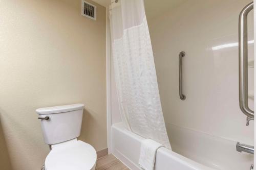 a bathroom with a white toilet and a shower at Comfort Inn near Downtown & Blue Ridge PKWY in Marion
