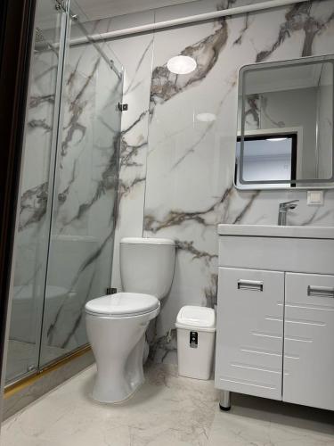 a bathroom with a toilet and a glass shower at Asman in Naryn