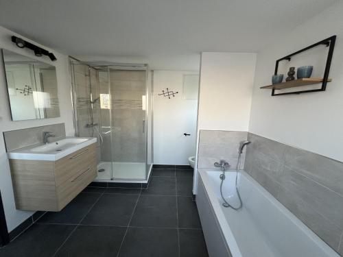 un bagno con vasca, lavandino e doccia di Le Calais Wilson 4, 2-4 Pers a Calais