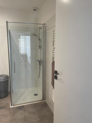une douche avec une porte vitrée dans une salle de bain dans l'établissement L'ecrin de Thau, à Marseillan