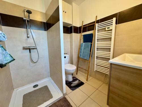 une petite salle de bain avec toilettes et douche dans l'établissement Maison 3 chambres avec jardin et spa, aux Arcs-sur-Argens