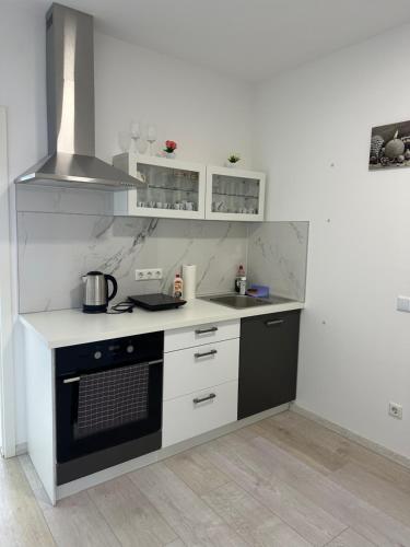 a kitchen with a stove and a sink at KOMFORT FerienWohnung NeuBau Merzig in Merzig