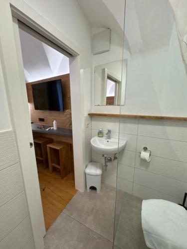 ein Badezimmer mit Waschbecken und Toilette in der Unterkunft Guesthouse Mozart - Apartment House in Salzburg