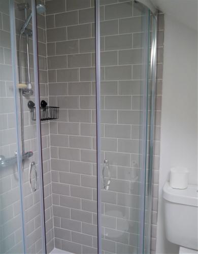 a shower with a glass door in a bathroom at Munro Cottage in Rockcliffe