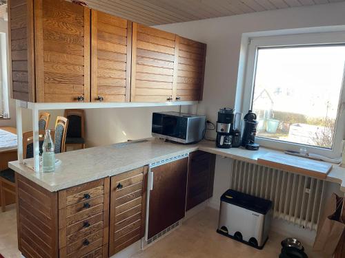 Una cocina con encimera con microondas y ventana. en Hund und Kind Appartment, en Oberndorf am Neckar