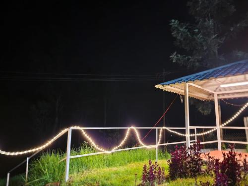 a gazebo with christmas lights in the dark at Cloud & Mist Inn-Stay with Mountain Views in Kotagiri, Near Ooty in Kotagiri