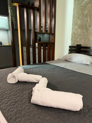 two beds in a room with towels on the floor at LiboroPlanet in Niš