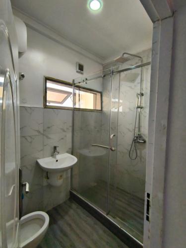 a bathroom with a shower and a toilet and a sink at S A Luxury Apartments in Abuja