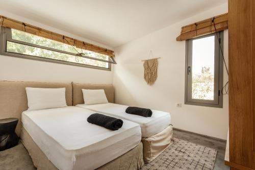 two beds in a room with two windows at Noma Beach Resort in Chernomorets
