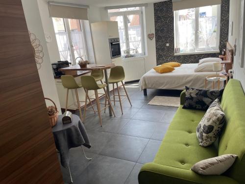a living room with a green couch and a bed at Gîtes De La Bonne Etoile in Geispolsheim