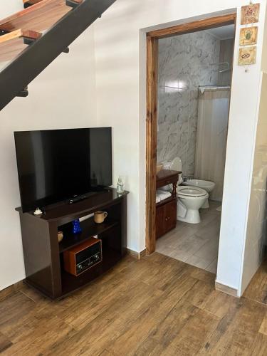 a bathroom with a television and a toilet at Shanti Loft in Concepción del Uruguay