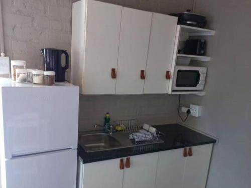 a kitchen with a sink and a white refrigerator at Cosy Rooms in Worcester