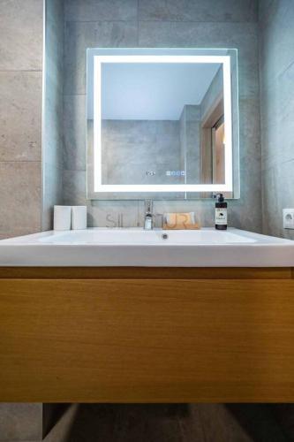 a bathroom sink with a large mirror above it at Ruedo By Silastur in Avilés